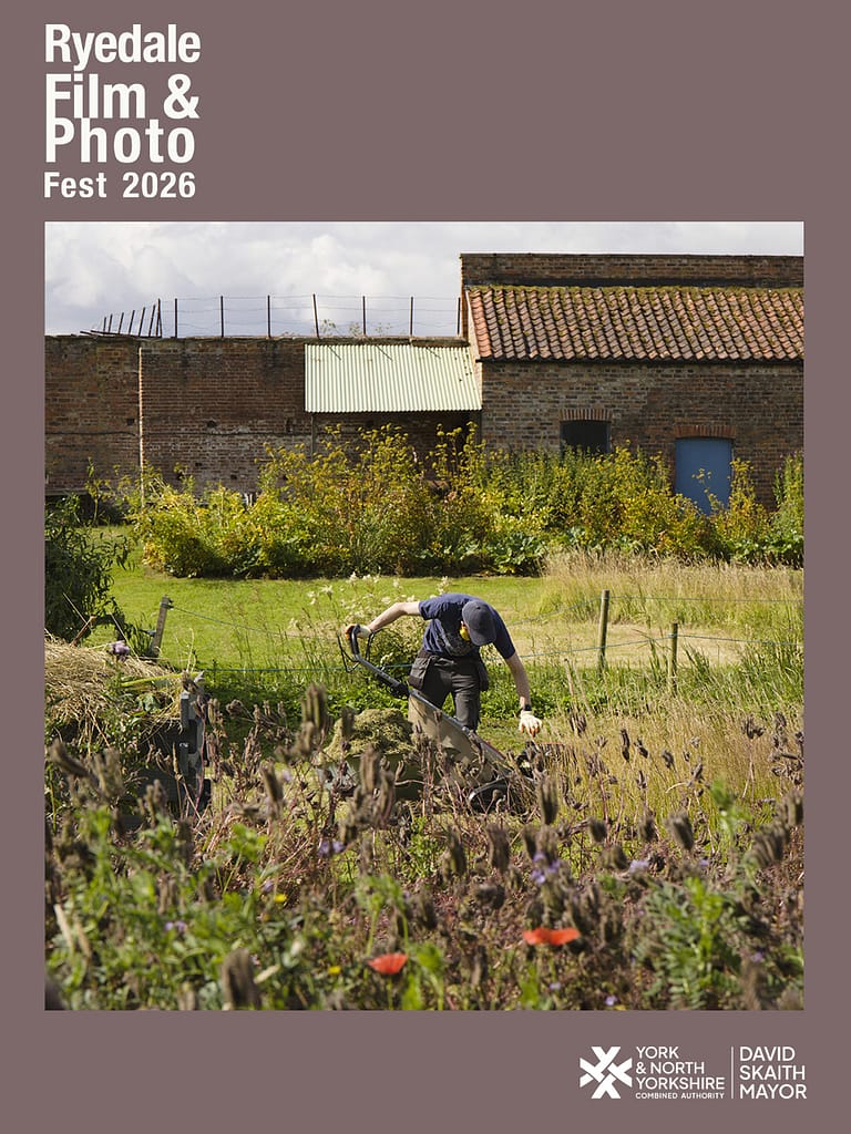 Ryedale Film and Photo Fest 2026 promo poster featuring a photo by Ed Clews showing a man and a mower in a walled garden.